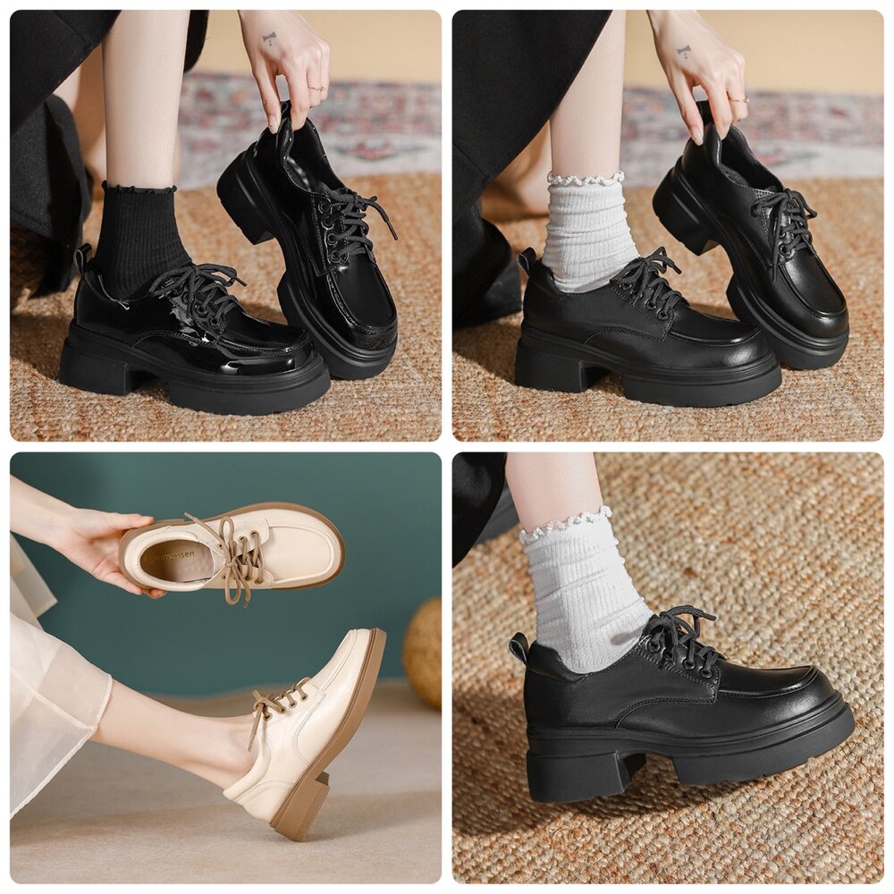 250504143727-厚底鞋 黑色 鞋帶學院風 全黑皮面 亮皮 高台 5.5公分 休閒鞋