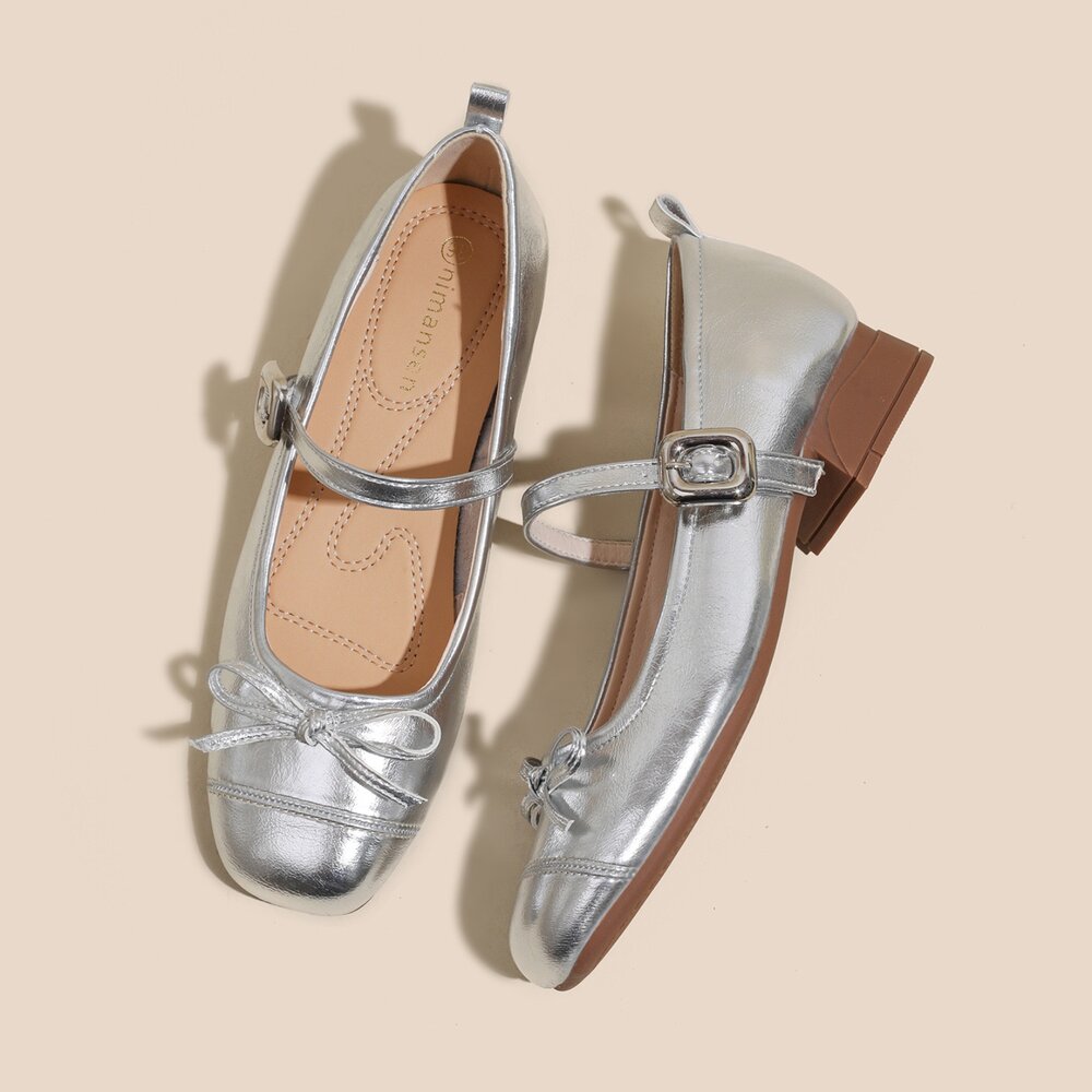 低跟瑪莉珍鞋 銀色 娃娃鞋 法式氣墊娃娃鞋 粗根 皮面 杏色 休閒鞋-圖片-1