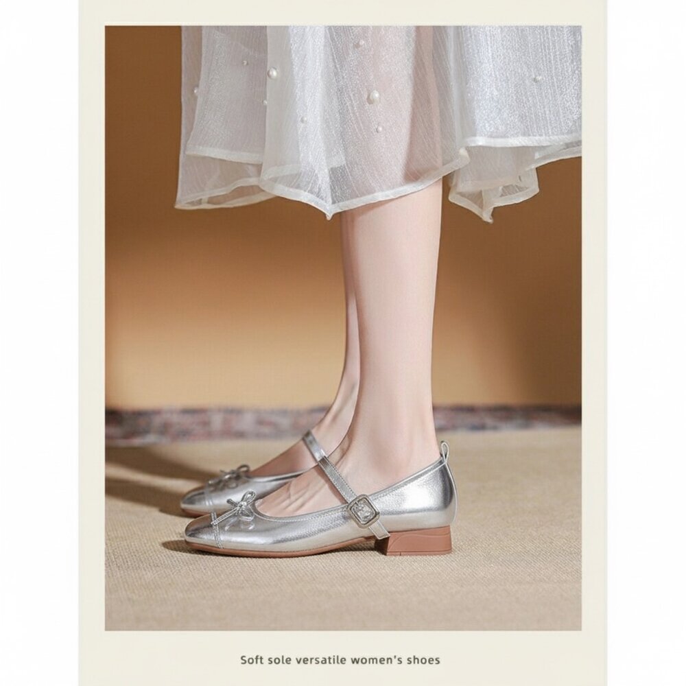 低跟瑪莉珍鞋 銀色 娃娃鞋 法式氣墊娃娃鞋 粗根 皮面 杏色 休閒鞋-圖片-2