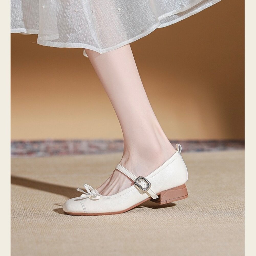 低跟瑪莉珍鞋 銀色 娃娃鞋 法式氣墊娃娃鞋 粗根 皮面 杏色 休閒鞋-圖片-11