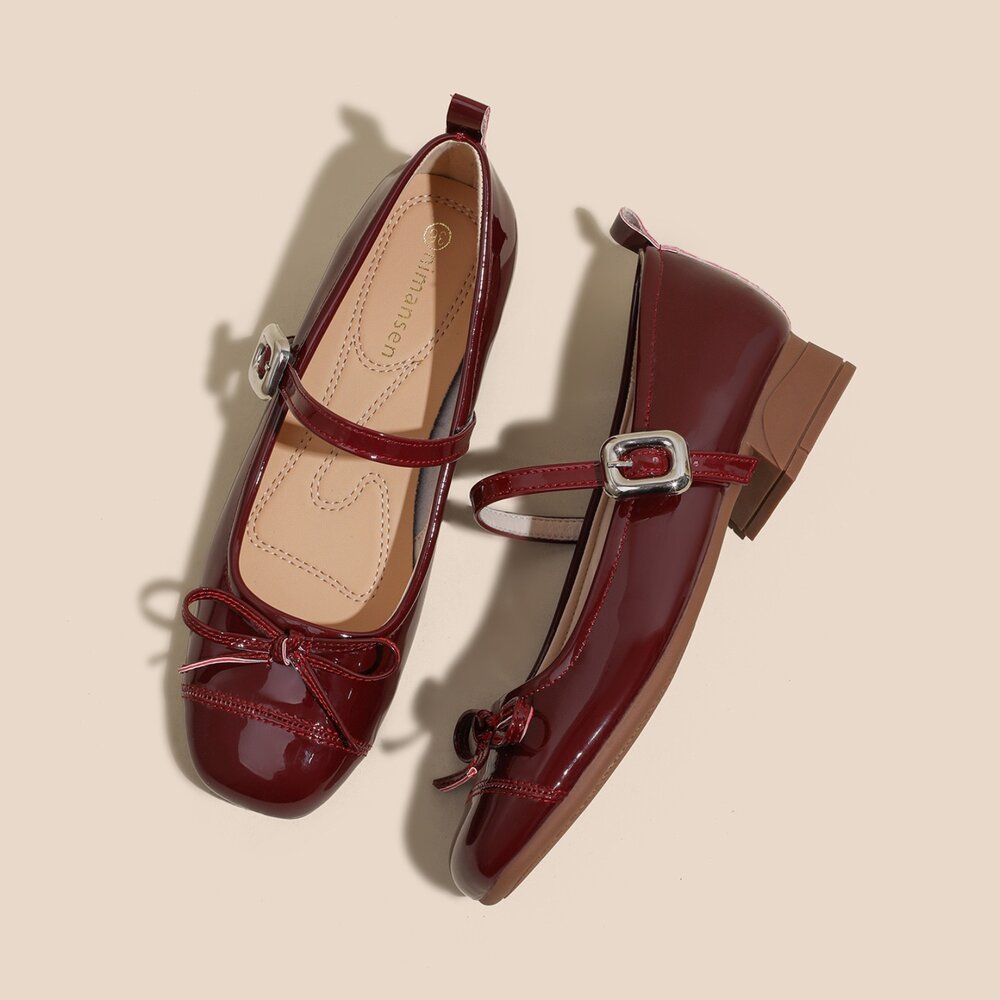 低跟瑪莉珍鞋 銀色 娃娃鞋 法式氣墊娃娃鞋 粗根 皮面 杏色 休閒鞋-圖片-3