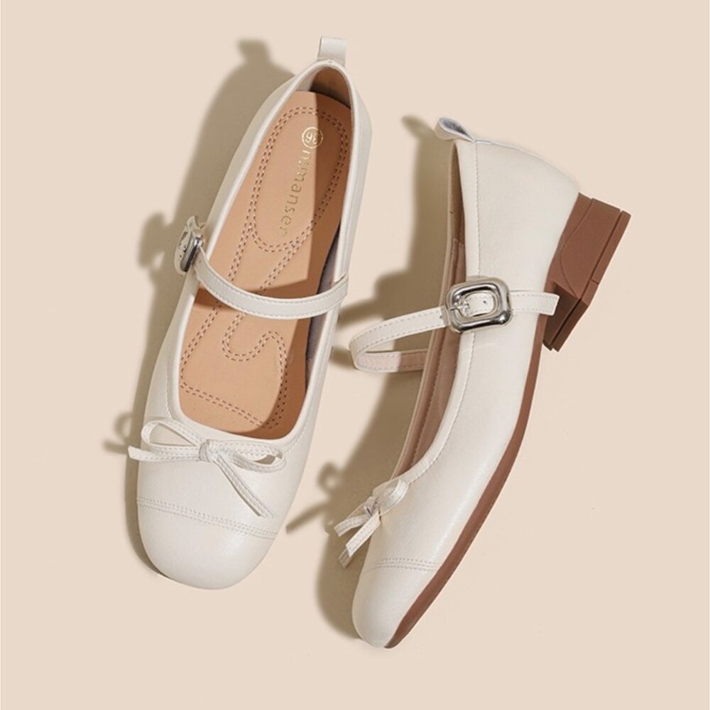 低跟瑪莉珍鞋 銀色 娃娃鞋 法式氣墊娃娃鞋 粗根 皮面 杏色 休閒鞋-圖片-4