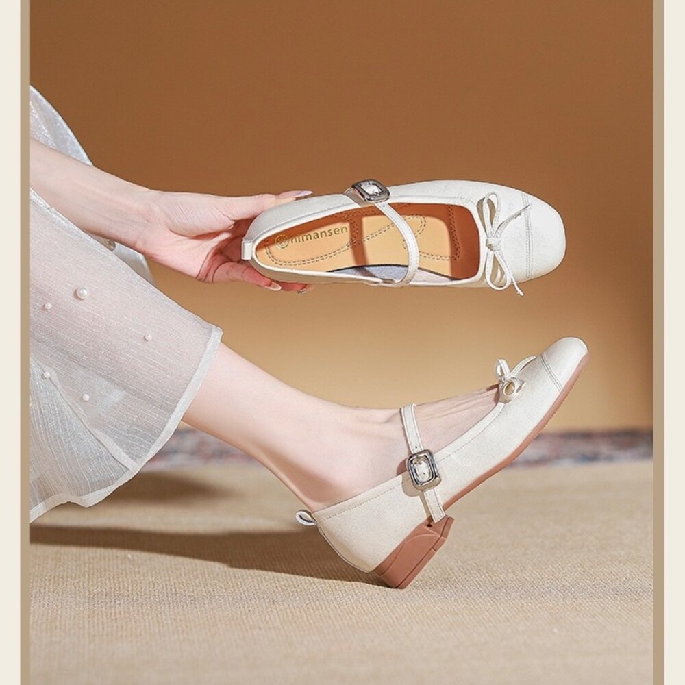 低跟瑪莉珍鞋 銀色 娃娃鞋 法式氣墊娃娃鞋 粗根 皮面 杏色 休閒鞋-圖片-5