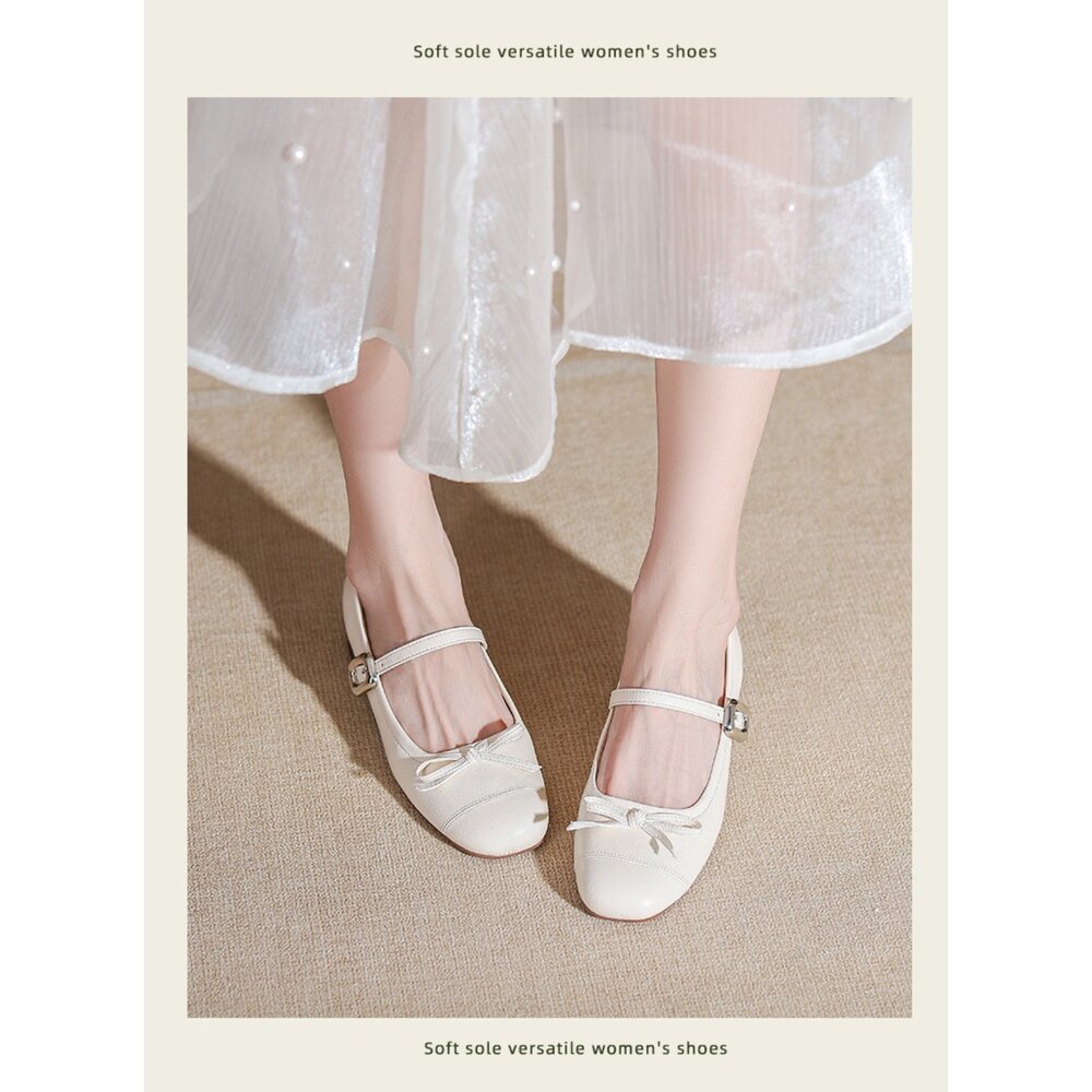 低跟瑪莉珍鞋 銀色 娃娃鞋 法式氣墊娃娃鞋 粗根 皮面 杏色 休閒鞋-圖片-6