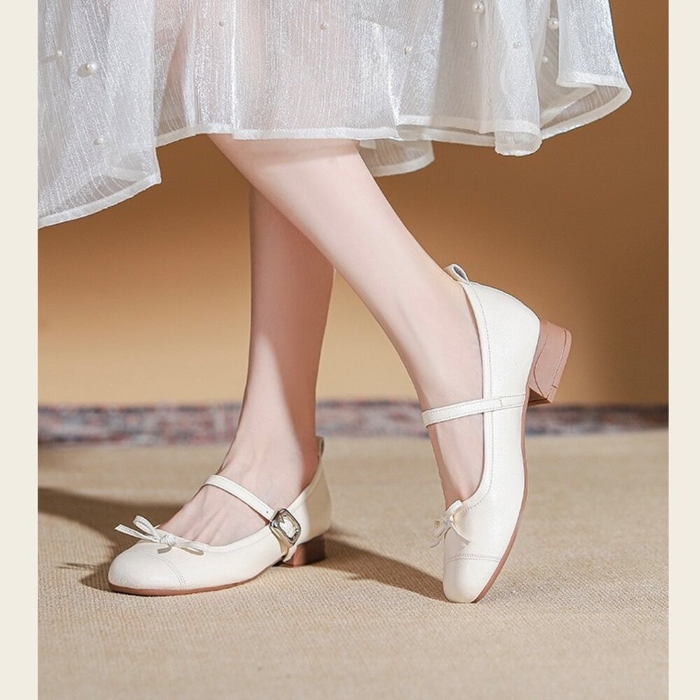 低跟瑪莉珍鞋 銀色 娃娃鞋 法式氣墊娃娃鞋 粗根 皮面 杏色 休閒鞋-圖片-7