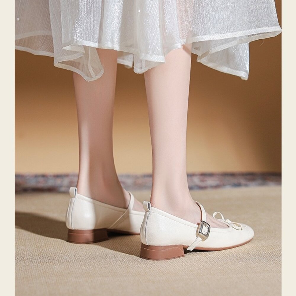 低跟瑪莉珍鞋 銀色 娃娃鞋 法式氣墊娃娃鞋 粗根 皮面 杏色 休閒鞋-圖片-8