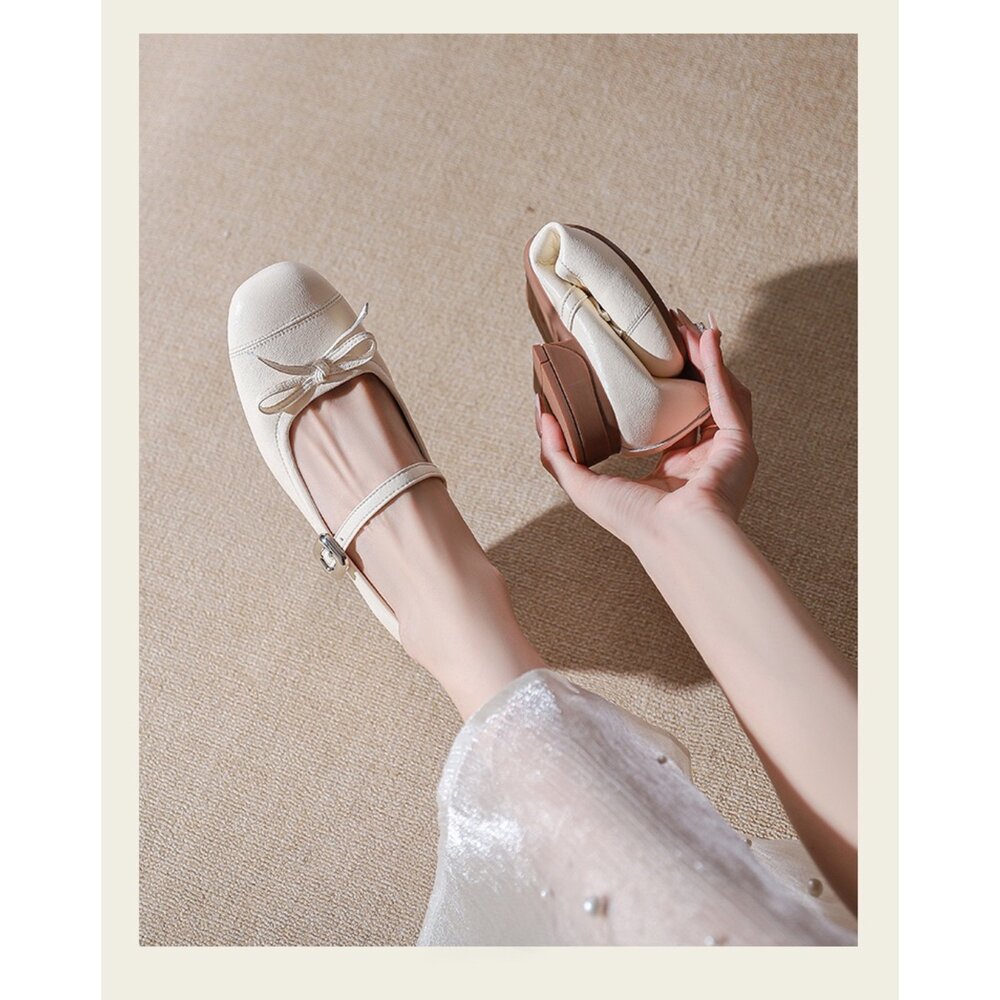 低跟瑪莉珍鞋 銀色 娃娃鞋 法式氣墊娃娃鞋 粗根 皮面 杏色 休閒鞋-圖片-9