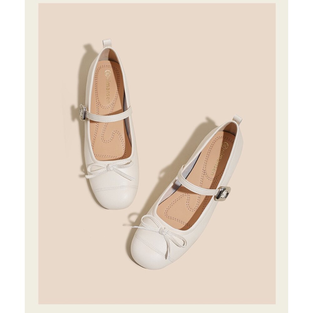 低跟瑪莉珍鞋 銀色 娃娃鞋 法式氣墊娃娃鞋 粗根 皮面 杏色 休閒鞋-圖片-10