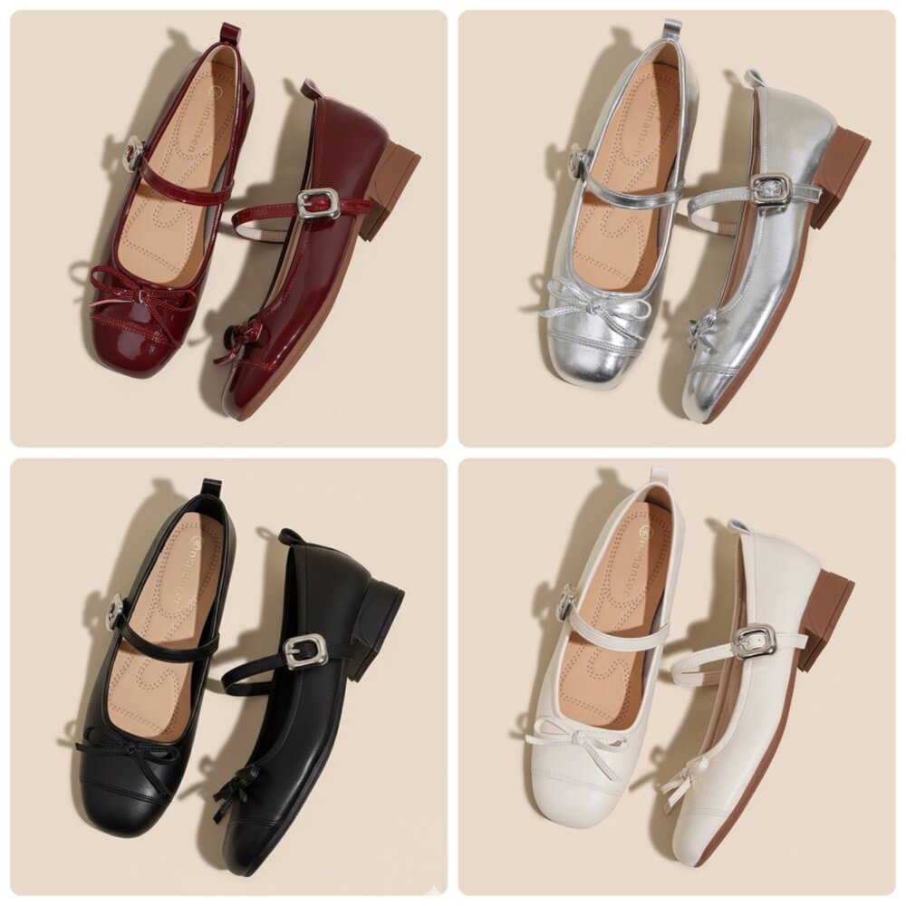 251019134253-低跟瑪莉珍鞋 銀色 娃娃鞋 法式氣墊娃娃鞋 粗根 皮面 杏色 休閒鞋