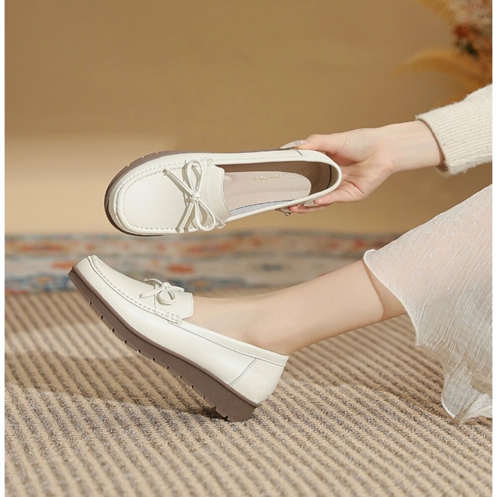 251019140223-牛筋底娃娃鞋 蝴蝶結豆豆鞋 皮面軟底 平底鞋 低跟鞋