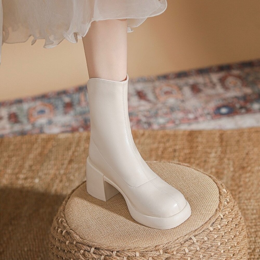 粗跟方頭中筒靴 高跟皮面短靴 7公分 切爾西靴 馬丁靴 女生 靴子-圖片-1