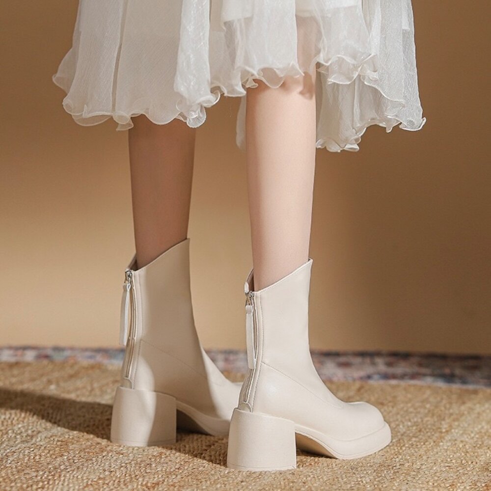 粗跟方頭中筒靴 高跟皮面短靴 7公分 切爾西靴 馬丁靴 女生 靴子-圖片-2