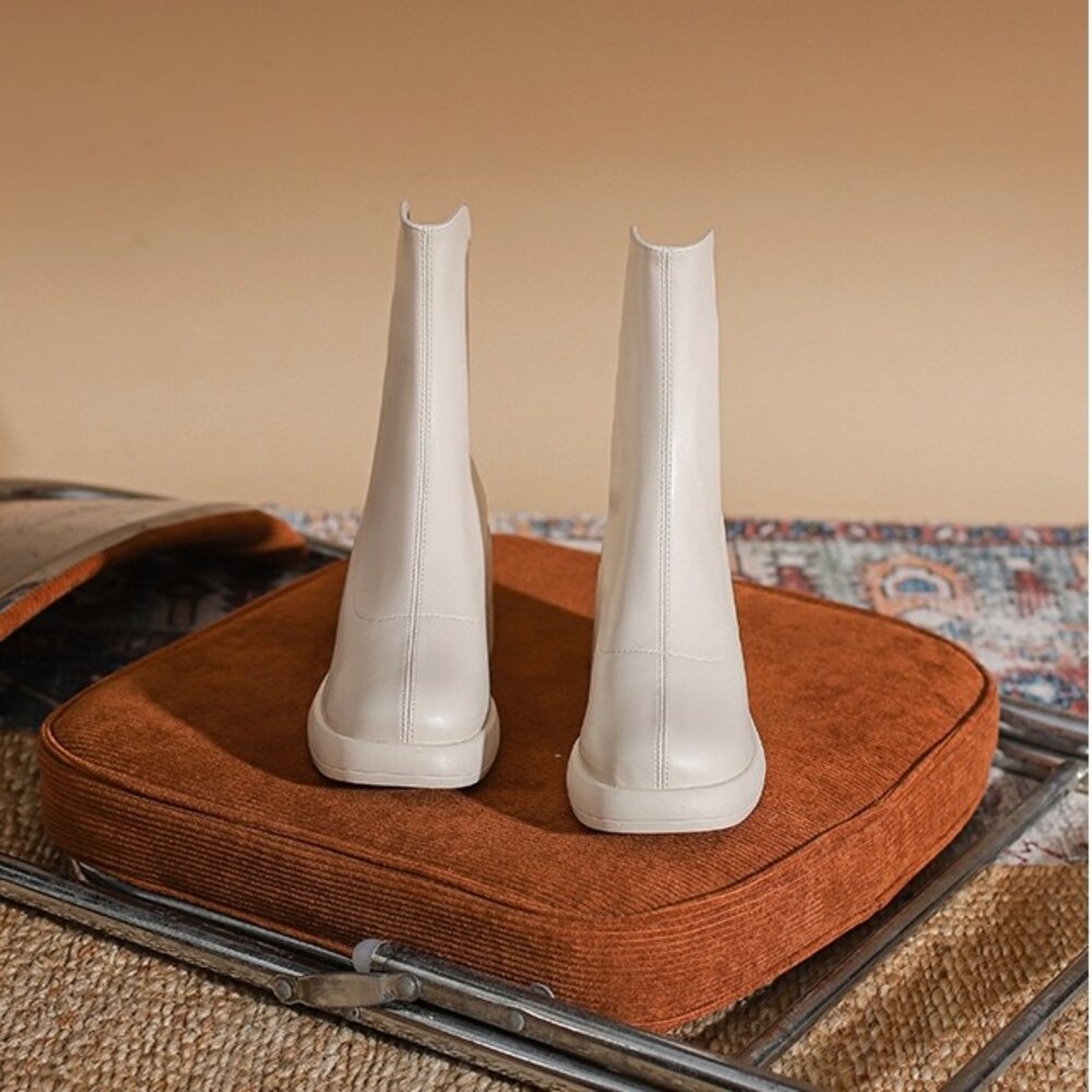 粗跟方頭中筒靴 高跟皮面短靴 7公分 切爾西靴 馬丁靴 女生 靴子-圖片-3