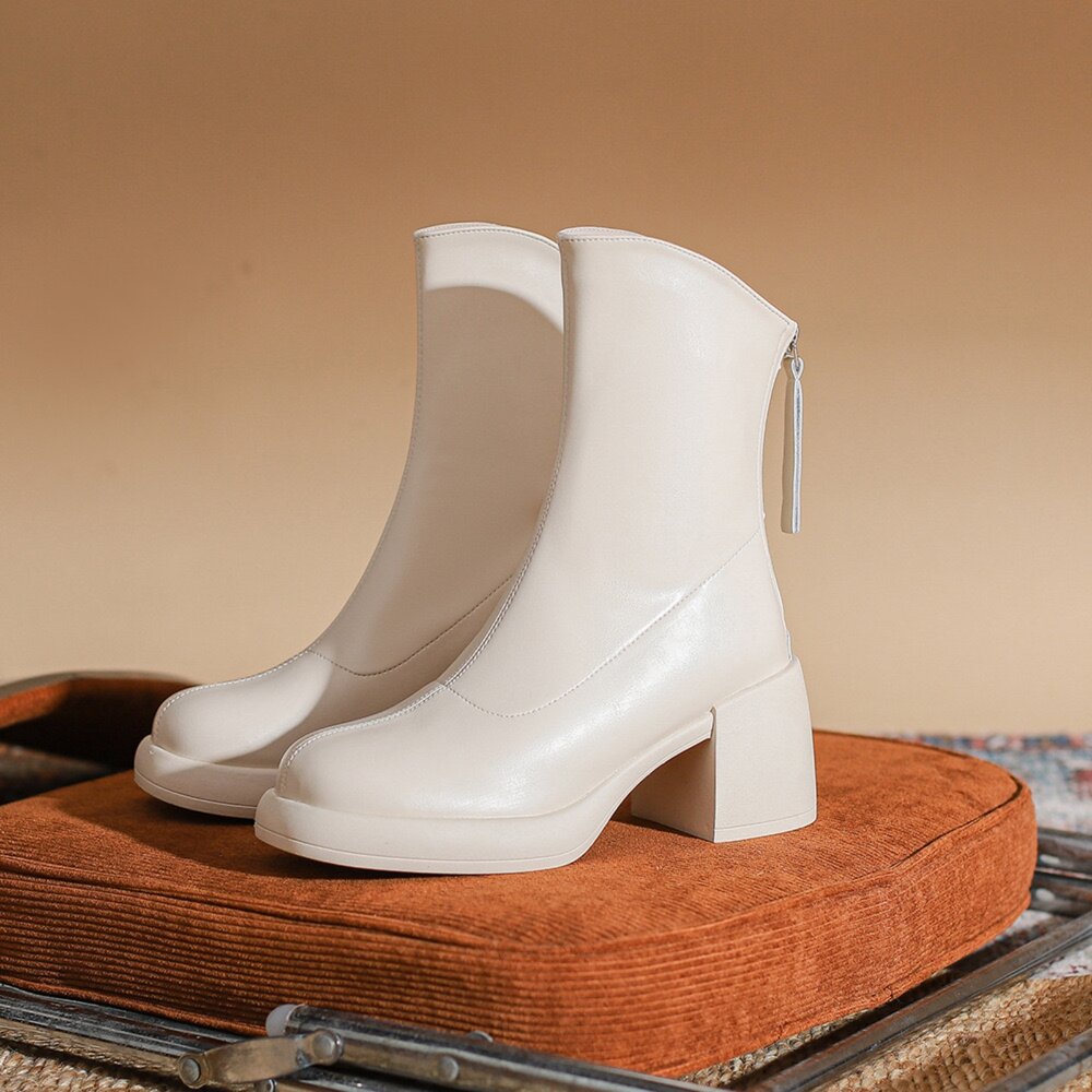 粗跟方頭中筒靴 高跟皮面短靴 7公分 切爾西靴 馬丁靴 女生 靴子-圖片-4