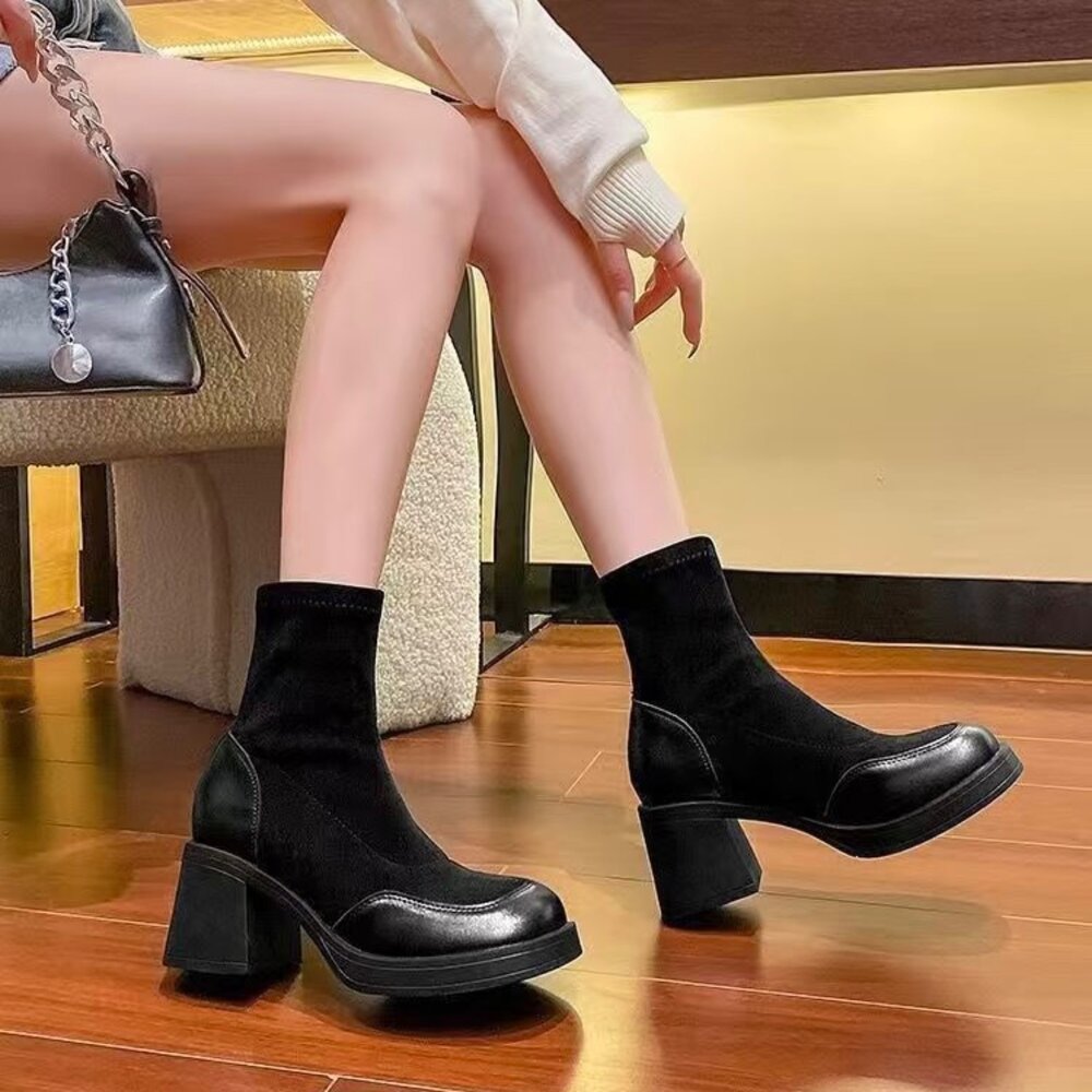 粗跟方頭中筒靴 高跟皮面短靴 7公分 切爾西靴 馬丁靴 女生 靴子-圖片-8