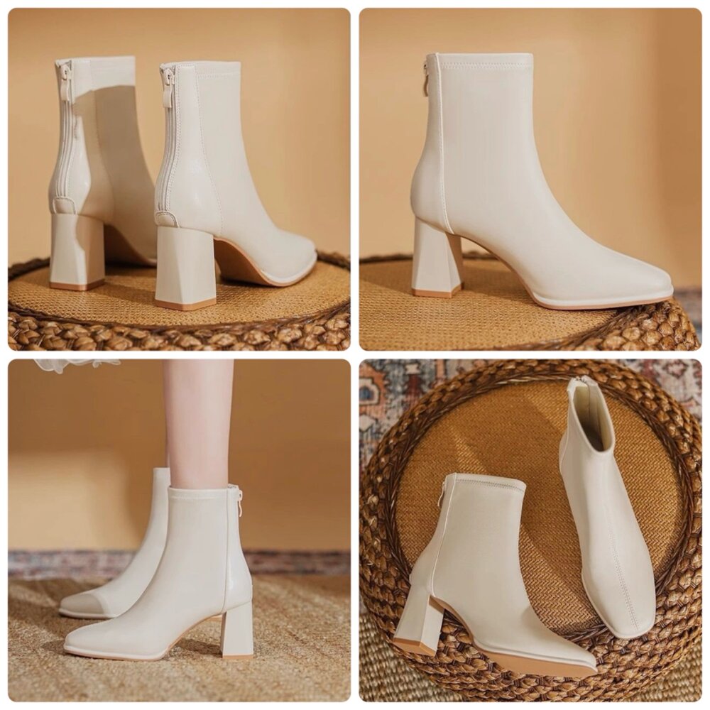 皮面短靴 中筒靴 女靴子 高跟 低跟 粗根 米白色 黑色 杏色-圖片-2