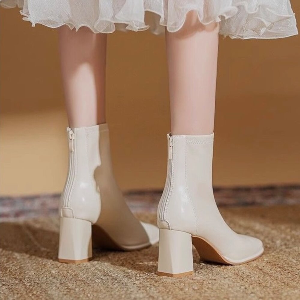 皮面短靴 中筒靴 女靴子 高跟 低跟 粗根 米白色 黑色 杏色-圖片-3