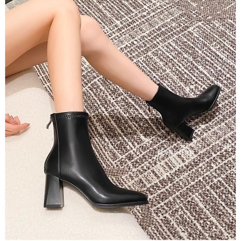 皮面短靴 中筒靴 女靴子 高跟 低跟 粗根 米白色 黑色 杏色-圖片-4