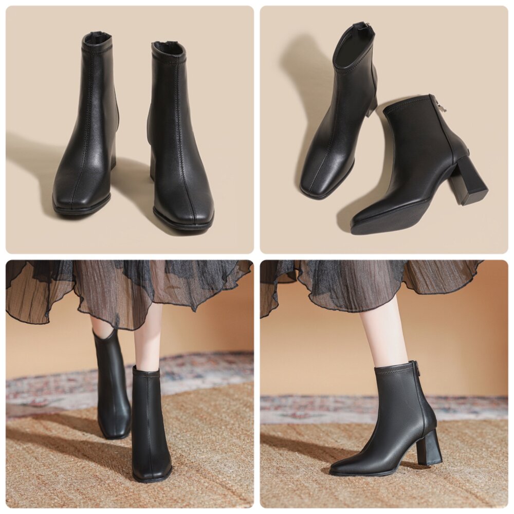 皮面短靴 中筒靴 女靴子 高跟 低跟 粗根 米白色 黑色 杏色-圖片-5