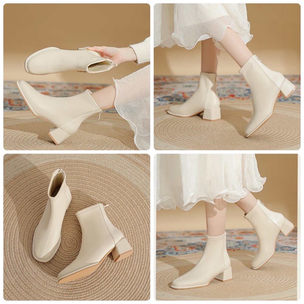 皮面短靴 中筒靴 女靴子 高跟 低跟 粗根 米白色 黑色 杏色-圖片-6