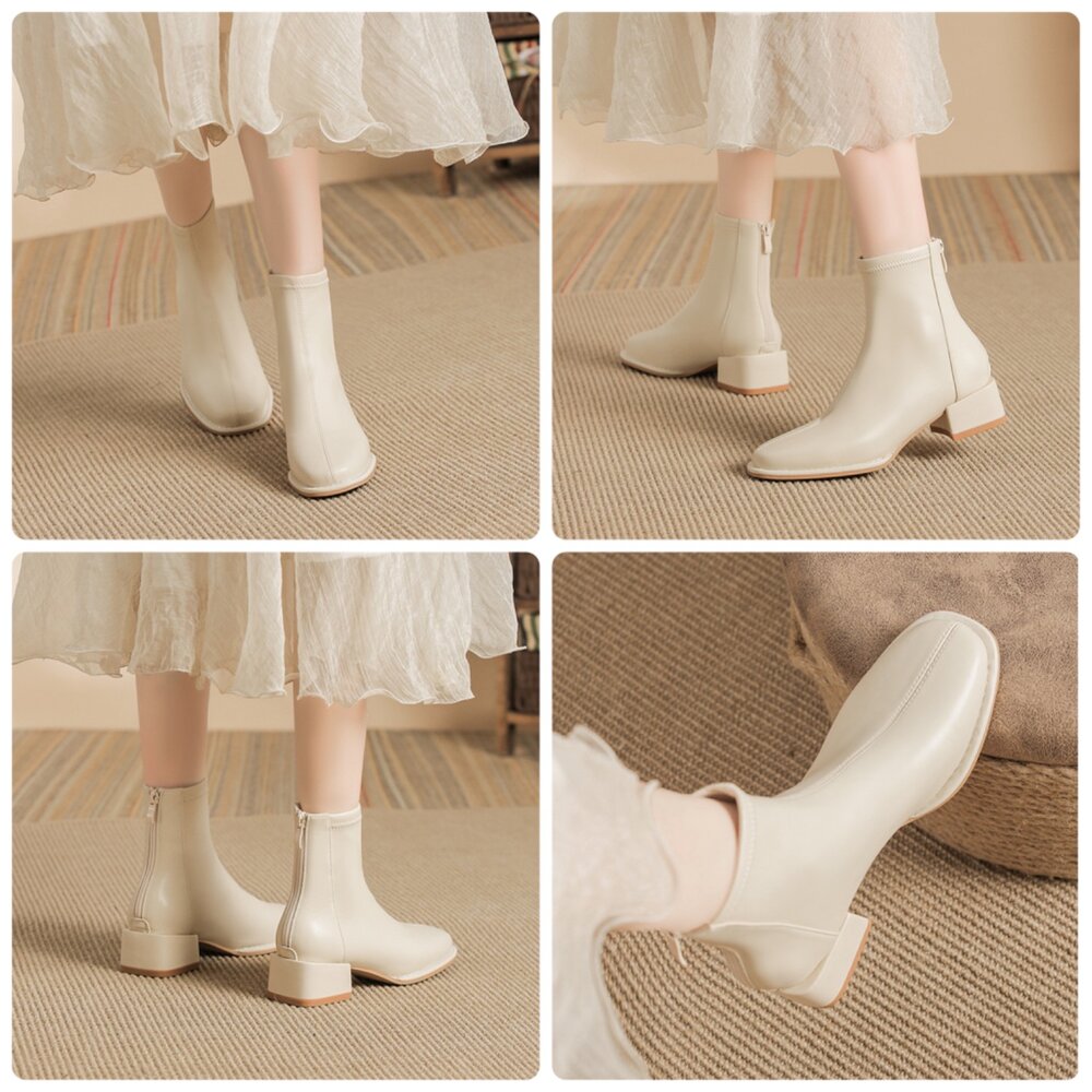 皮面短靴 中筒靴 女靴子 高跟 低跟 粗根 米白色 黑色 杏色-圖片-7