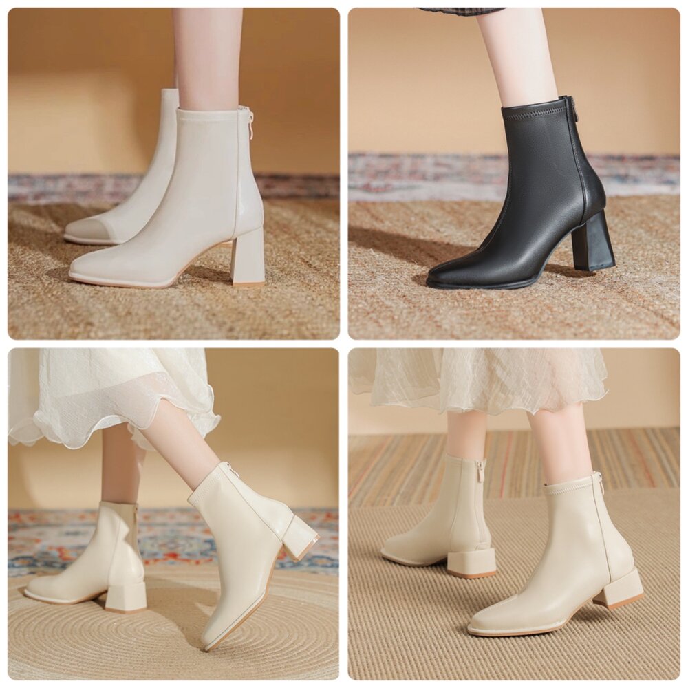 251019190532-皮面短靴 中筒靴 女靴子 高跟 低跟 粗根 米白色 黑色 杏色