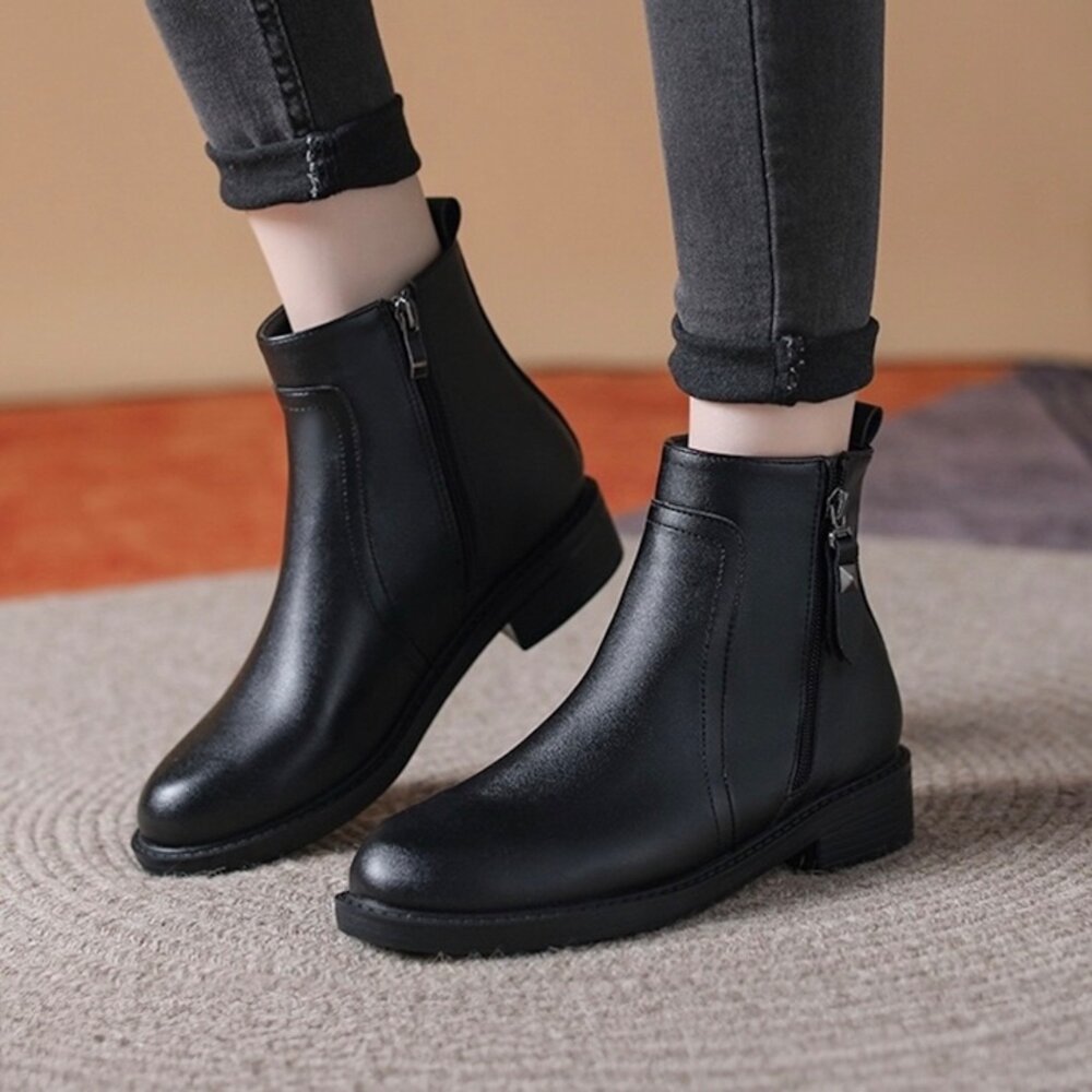 251019211624-皮面短靴 踝靴 拉鍊穿脫 黑色靴子 防水 女靴