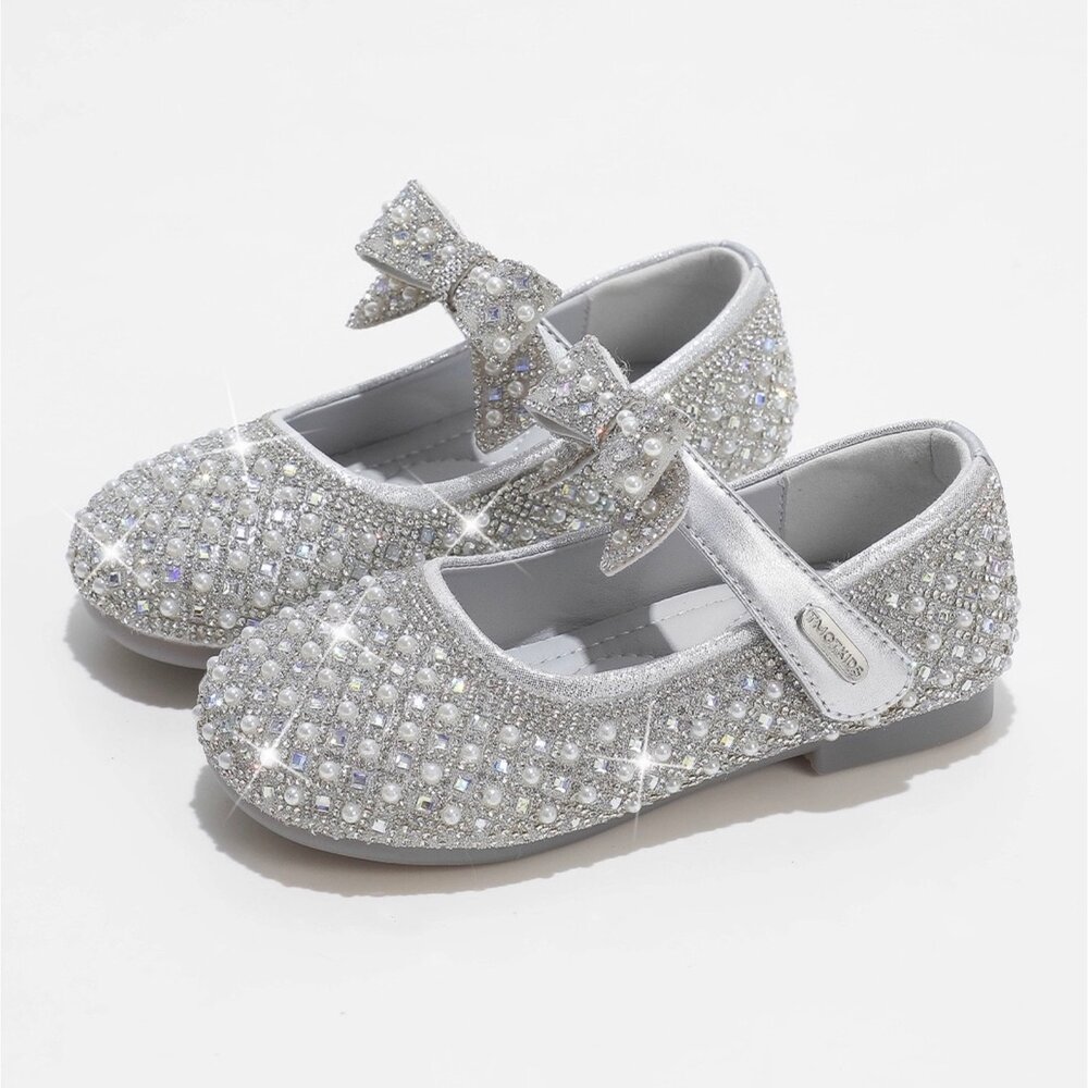 銀色娃娃鞋 水鑽 蝴蝶結 女童公主鞋 花童鞋 珍珠-圖片-1