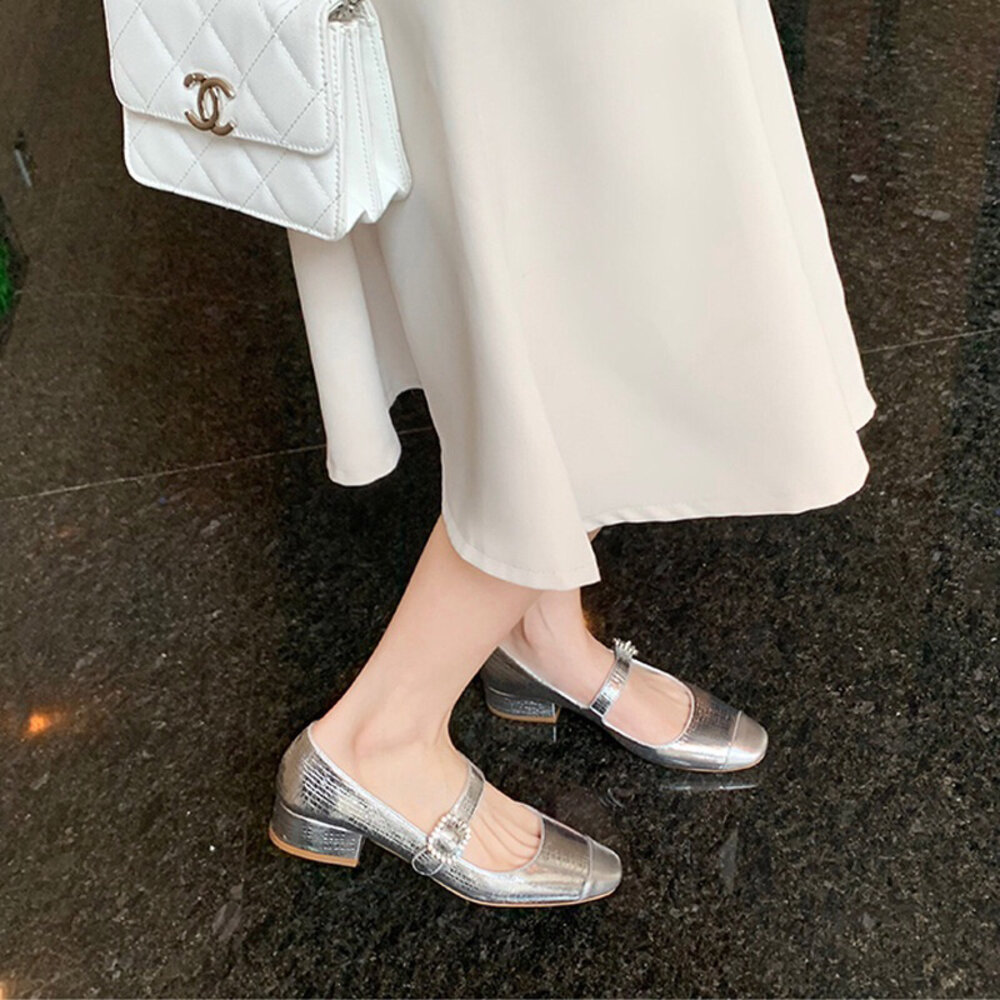 銀色低跟鞋 女鞋 黑色 杏色 圓方頭 🔥台灣現貨🔥 瑪莉珍鞋 高跟鞋 上班鞋-圖片-2