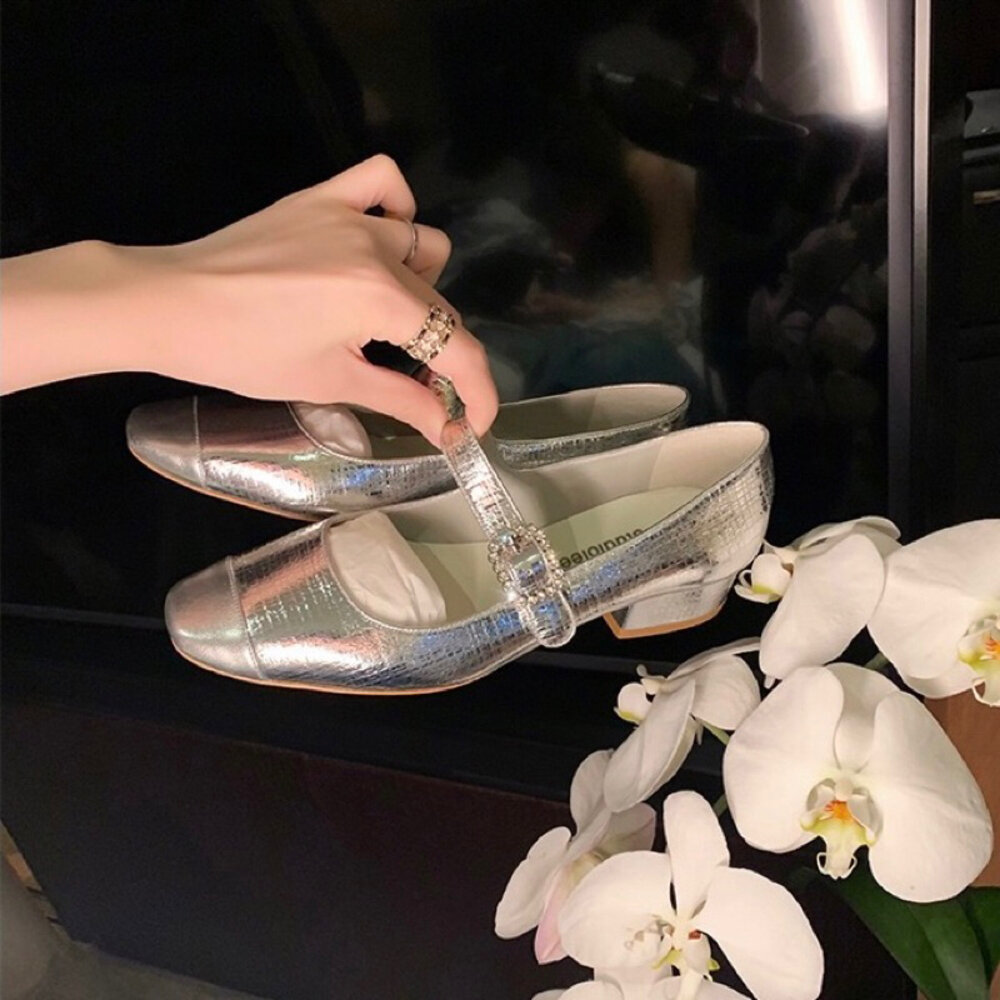 銀色低跟鞋 女鞋 黑色 杏色 圓方頭 🔥台灣現貨🔥 瑪莉珍鞋 高跟鞋 上班鞋-圖片-3