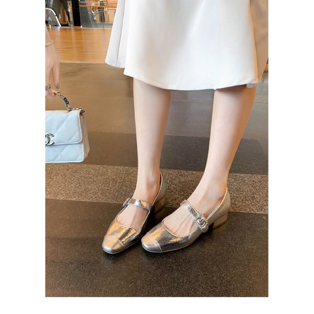 銀色低跟鞋 女鞋 黑色 杏色 圓方頭 🔥台灣現貨🔥 瑪莉珍鞋 高跟鞋 上班鞋-圖片-7