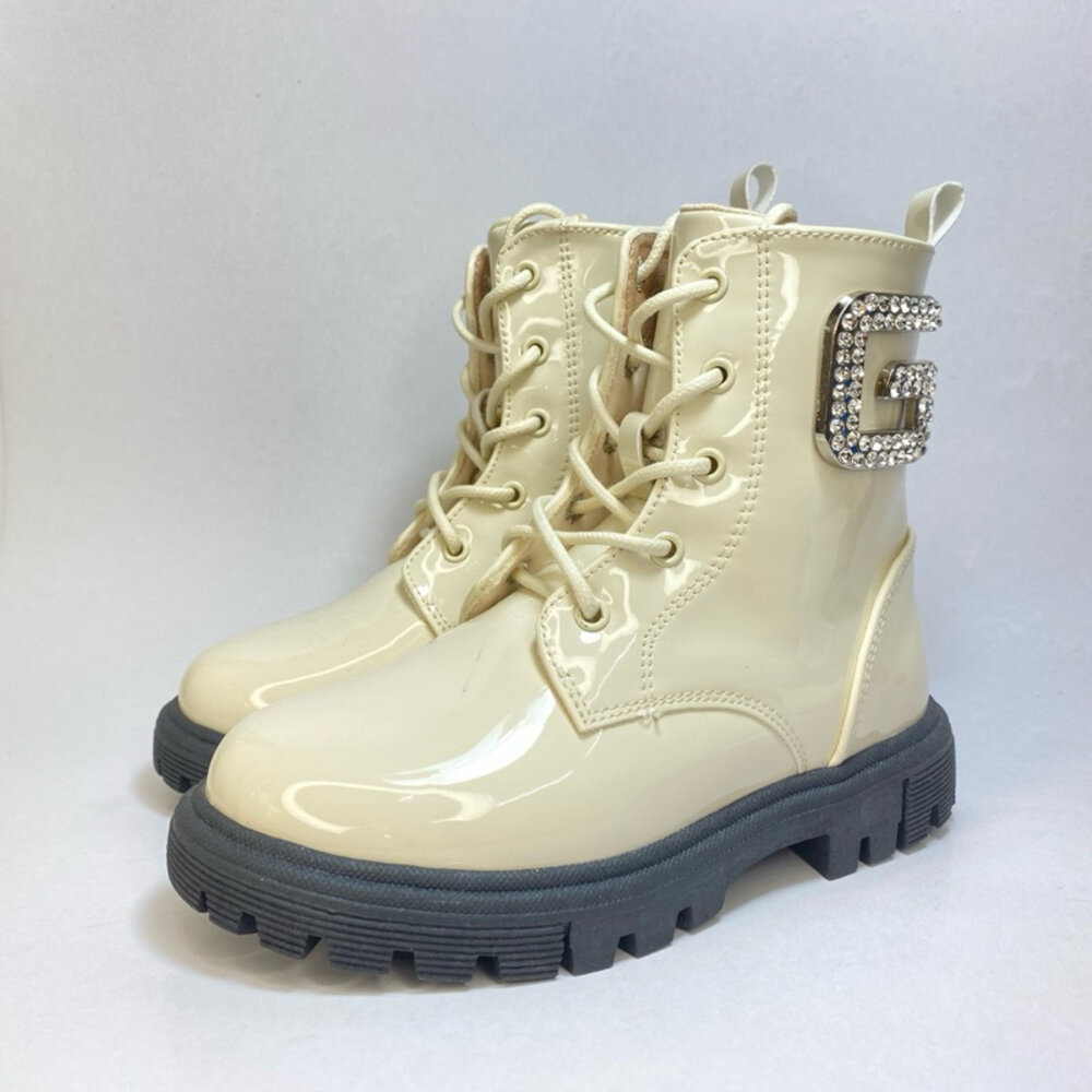 女童靴子 黑色 米白色 短靴 童靴 拉鍊穿脫 亮皮 防水 private-圖片-5