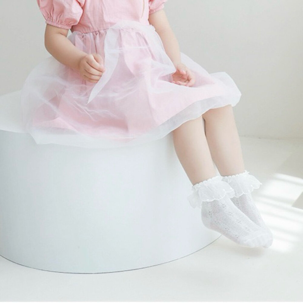 女童蕾絲襪 公主襪 白色 襪子 兒童 0-8歲 棉 踝襪-圖片-3