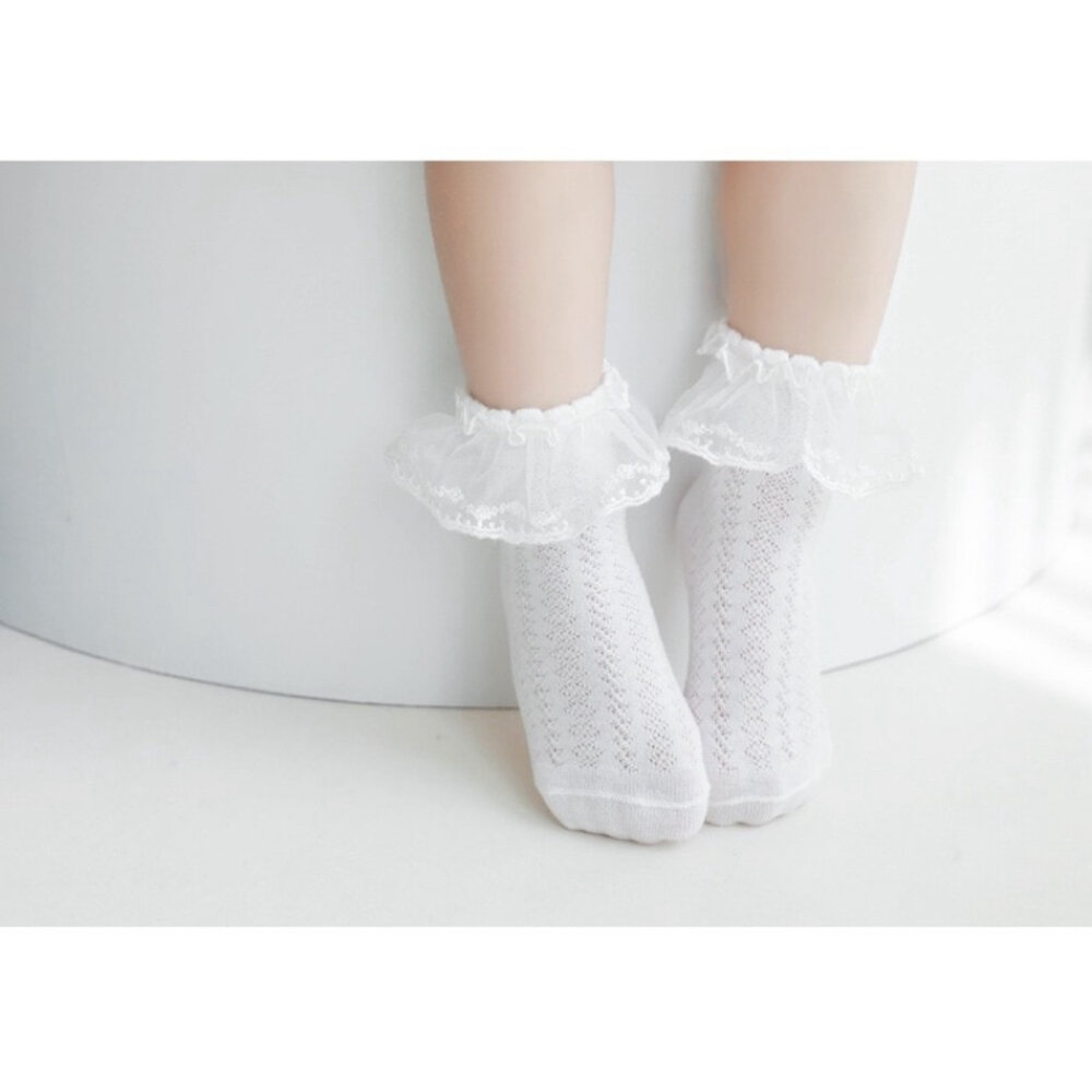 女童蕾絲襪 公主襪 白色 襪子 兒童 0-8歲 棉 踝襪-圖片-4