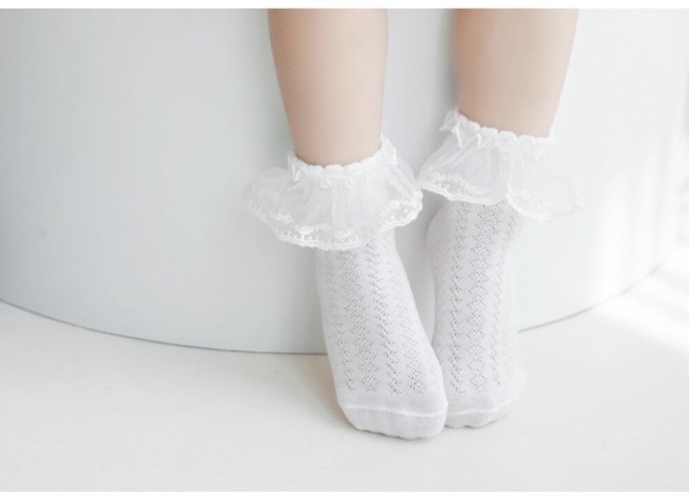 女童蕾絲襪 公主襪 白色 襪子 兒童 0-8歲 棉 踝襪-圖片-8