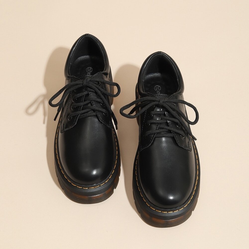 英倫風 厚底皮鞋 防水 增高4cm 馬汀風 德比鞋 圓頭 牛津鞋 綁帶 皮鞋 女鞋 學生皮鞋 工裝鞋 粗跟 顯腿長 黑色-圖片-1