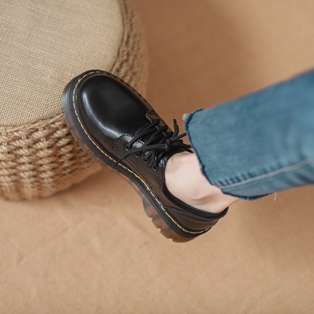 英倫風 厚底皮鞋 防水 增高4cm 馬汀風 德比鞋 圓頭 牛津鞋 綁帶 皮鞋 女鞋 學生皮鞋 工裝鞋 粗跟 顯腿長 黑色-圖片-2