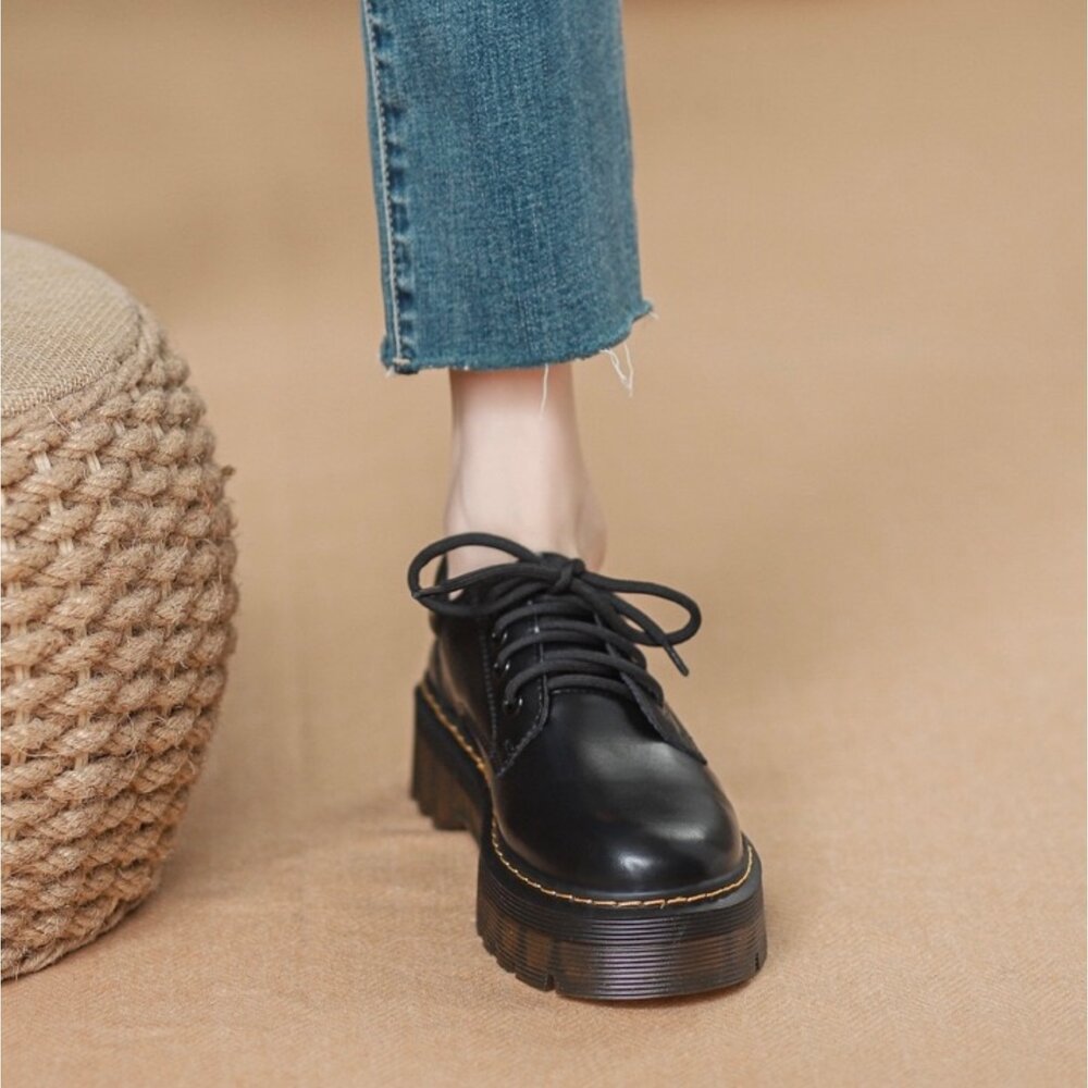 英倫風 厚底皮鞋 防水 增高4cm 馬汀風 德比鞋 圓頭 牛津鞋 綁帶 皮鞋 女鞋 學生皮鞋 工裝鞋 粗跟 顯腿長 黑色-圖片-3
