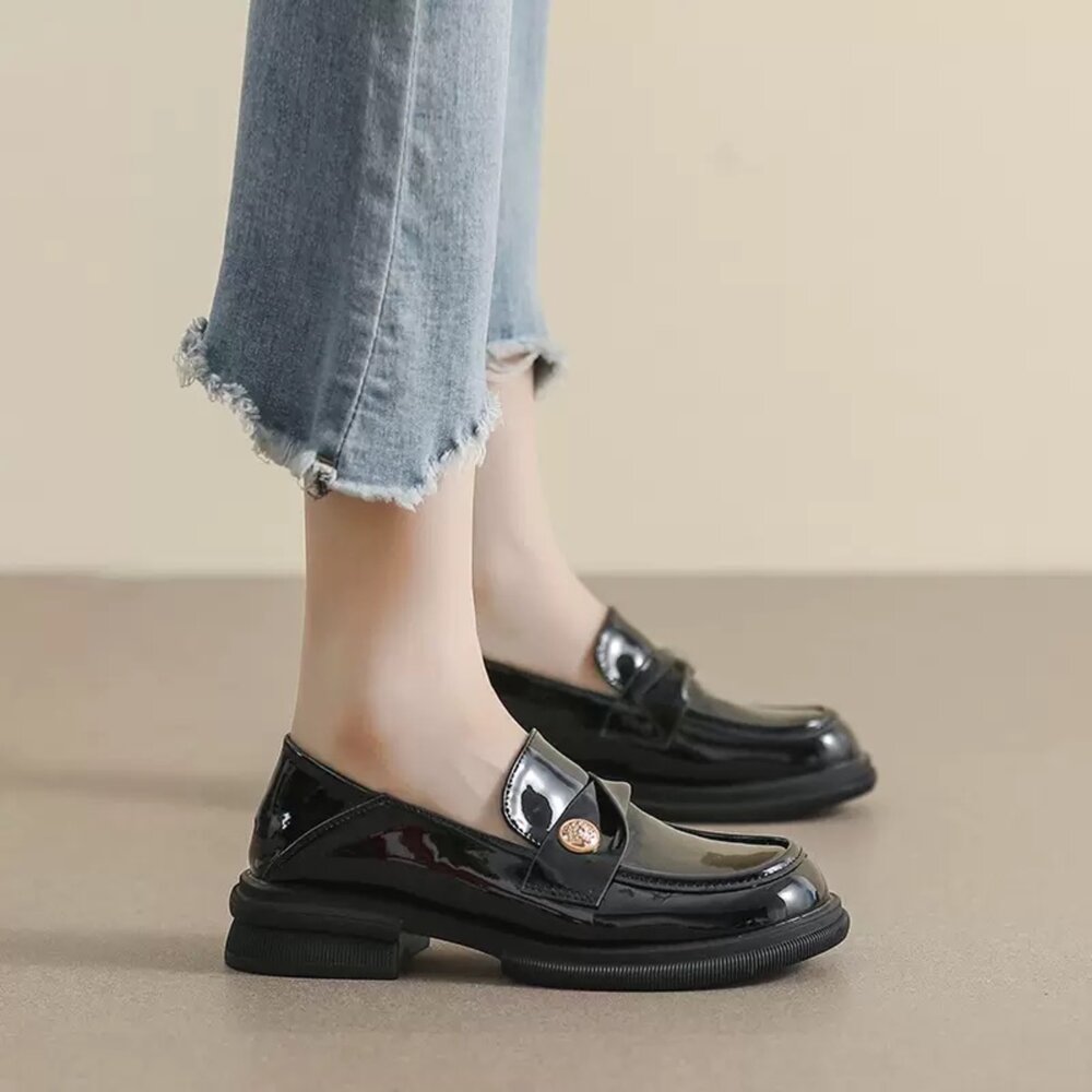 咖啡色樂福鞋 平底鞋 黑色休閒鞋 防水 金扣 穆勒鞋 低跟 粗跟 上班鞋-圖片-7