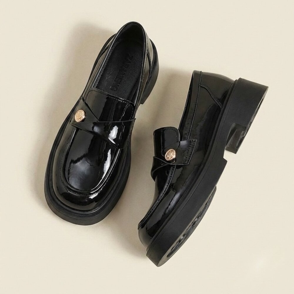 咖啡色樂福鞋 平底鞋 黑色休閒鞋 防水 金扣 穆勒鞋 低跟 粗跟 上班鞋-圖片-9