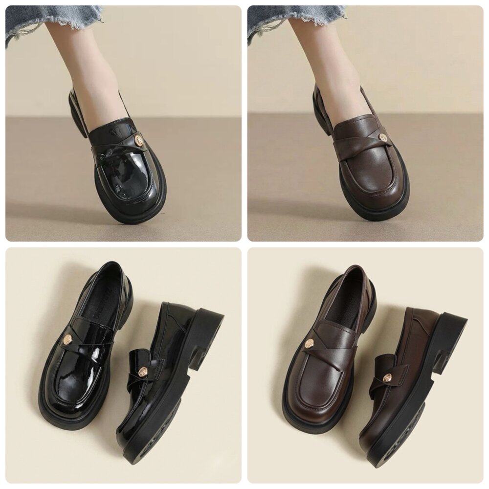 260225075405-咖啡色樂福鞋 平底鞋 黑色休閒鞋 防水 金扣 穆勒鞋 低跟 粗跟 上班鞋