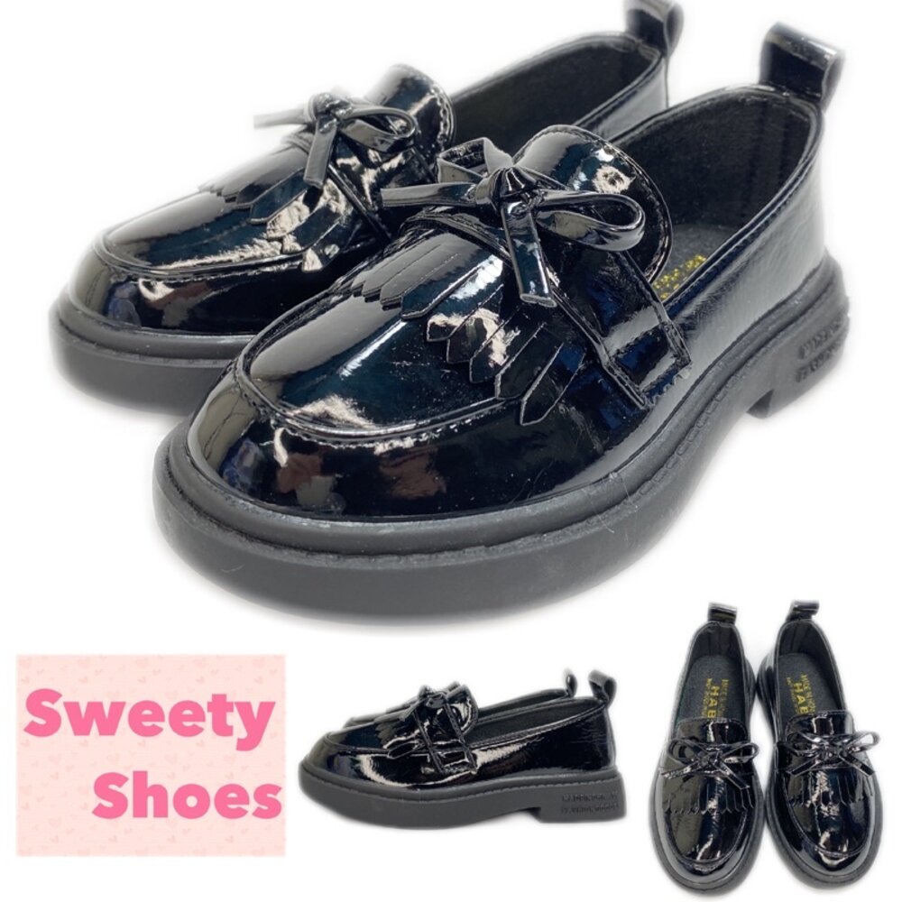 女童休閒鞋娃娃鞋漆皮皮鞋平底鞋蝴蝶結黑色女童黑皮鞋中童