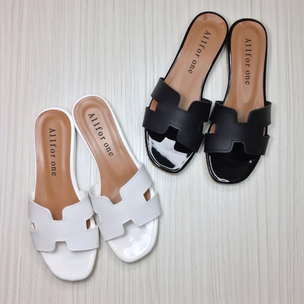 平底拖鞋 皮面輕量 愛馬仕風 便鞋休閒風 橡膠底超防滑 銀色白色黑色-圖片-2