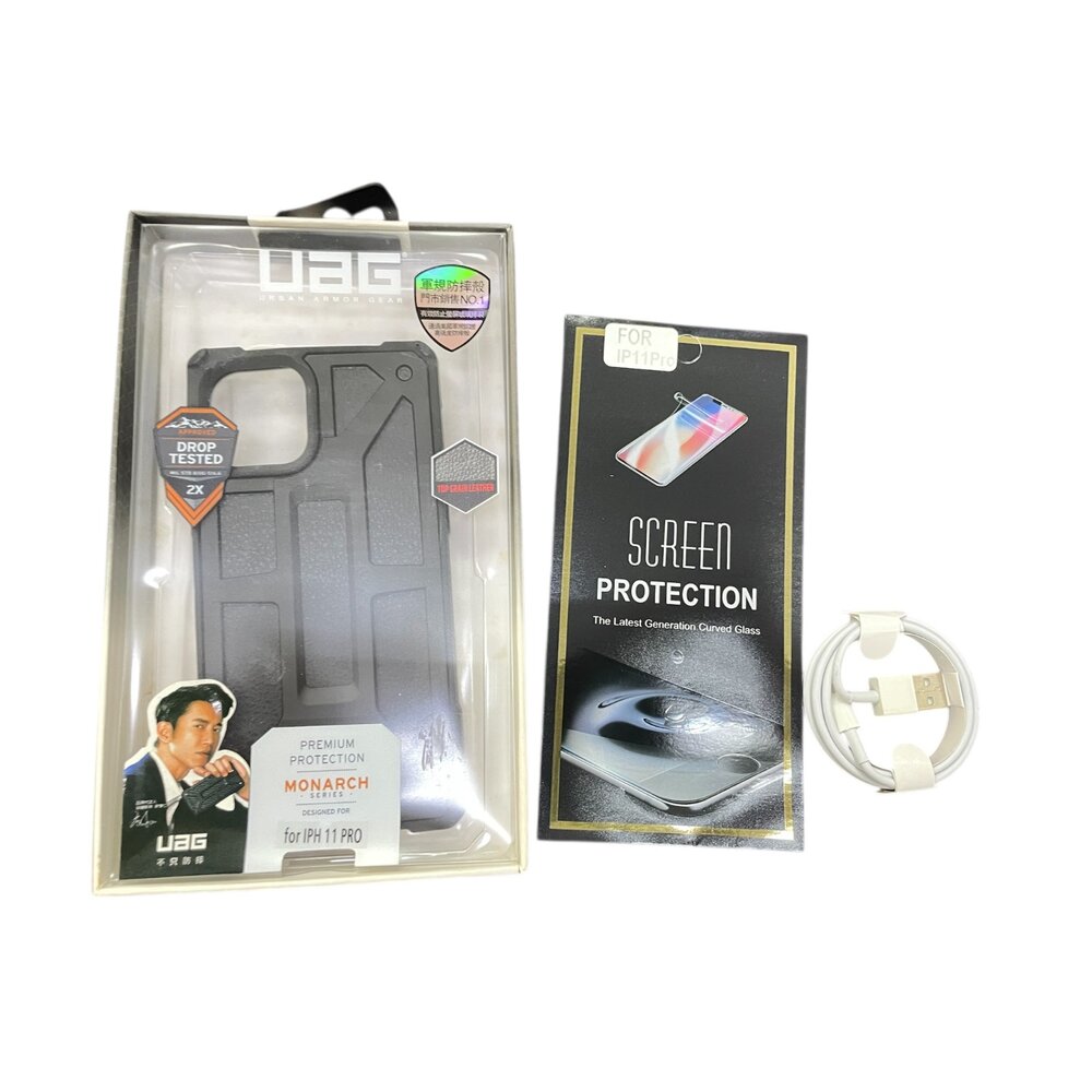 H07-27-UAG 軍規防摔殼+充電線+保護貼 黑紅 11 PRO/黑條紋 11 PRO