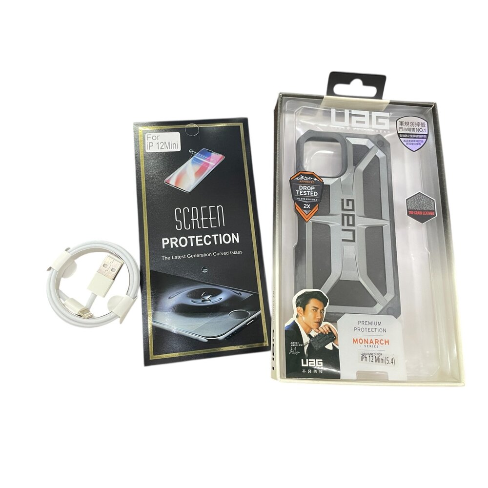 H07-28-UAG 軍規防摔殼+充電線+保護貼 黑銀蘋果12mini5.4/鐵灰黑12mini5.4現貨