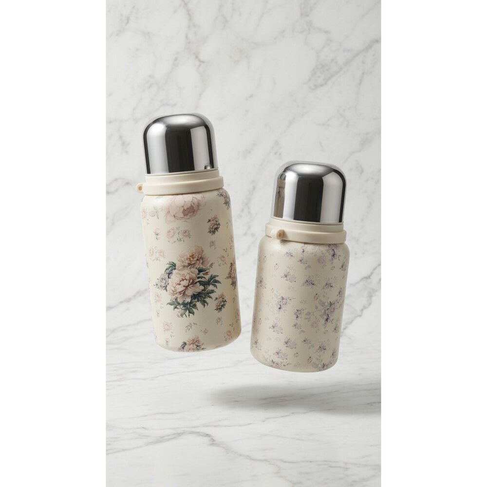 L01-10-24H出貨【盒損】【簡約質感】600ml/400ml 不鏽鋼真空保溫瓶 隨身水杯 花卉設計2-3現貨
