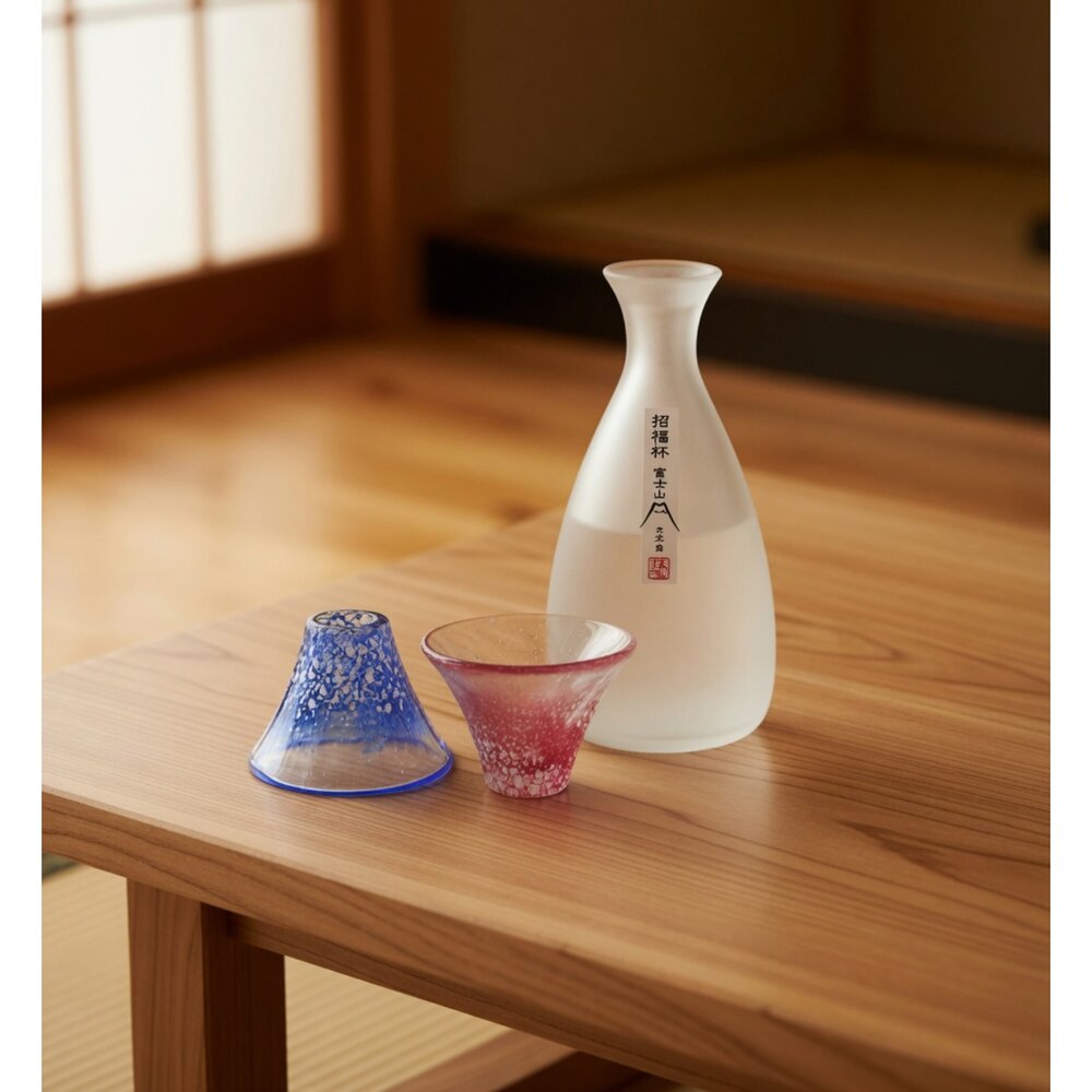 M01-11-東洋佐佐木 富士山招福手工玻璃杯禮盒組 日本製, 雪點富士山, 酒杯口徑76 x 高度46mm/酒壺現貨