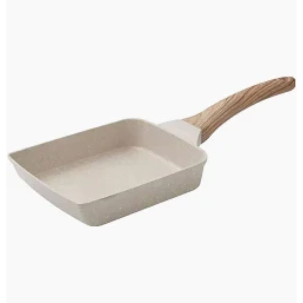 M01-8-鼎匠 麥飯石玉子燒方形不沾煎鍋 鍋身18x15x4cm+木手柄15cm, 質感白 [盒損]現貨
