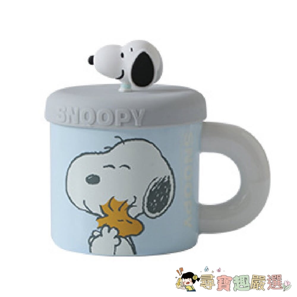 PEANUTS 史努比 陶瓷馬克杯(含公仔杯蓋), 藍色, 360ml,現貨 封面照片