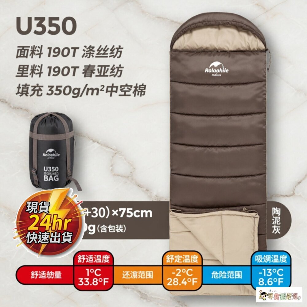 24H出貨露營 帳篷 必備 登山 Naturehike 挪客 U系列 信封帶帽睡袋 U350陶泥灰190 + 30)x7 封面照片